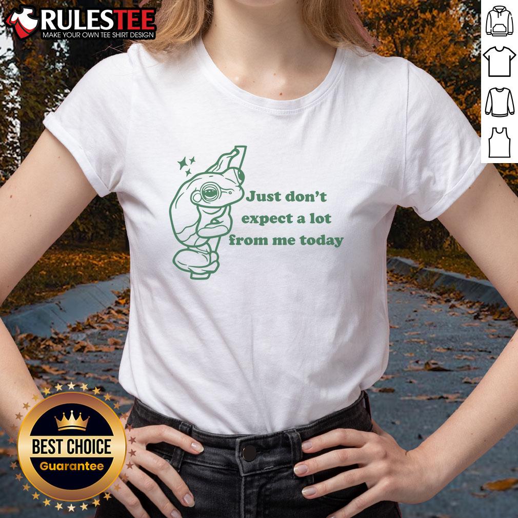 Pretty Just Don't Expect A Lot From Me Today Frog Ladies Tee featuring a whimsical frog design on a stylish shirt.