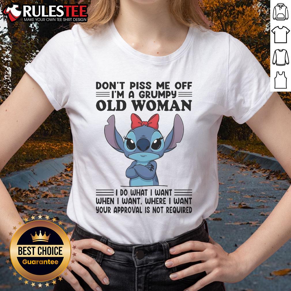 Grumpy Old Woman Ladies Tee with 'Don't Piss Me Off' top-stitch design, perfect for humorous and sassy womens apparel.