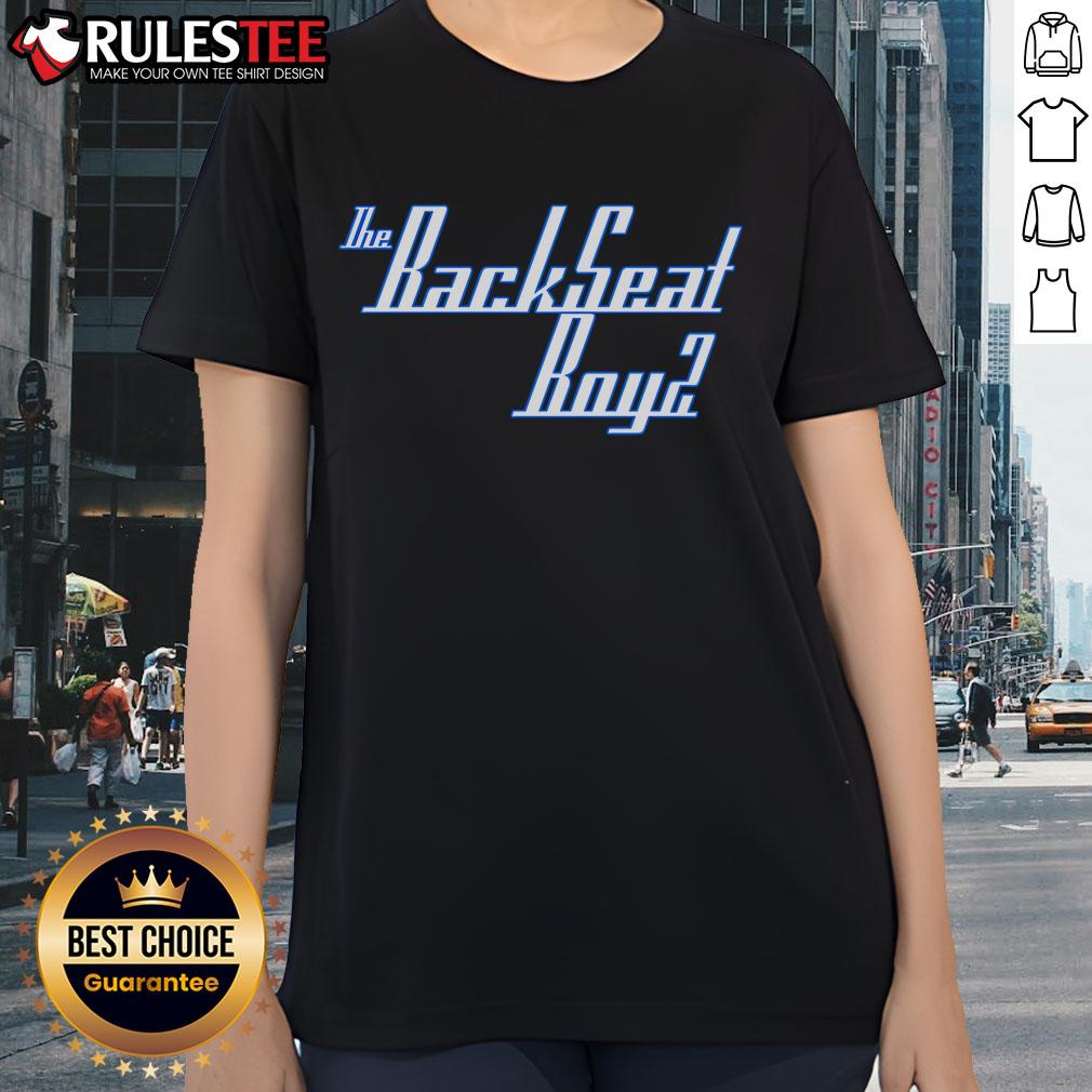 Alt Text: Top The Backseat Boyz Letter Ladies Tee featuring vibrant graphics and stylish design for trendy casual wear.