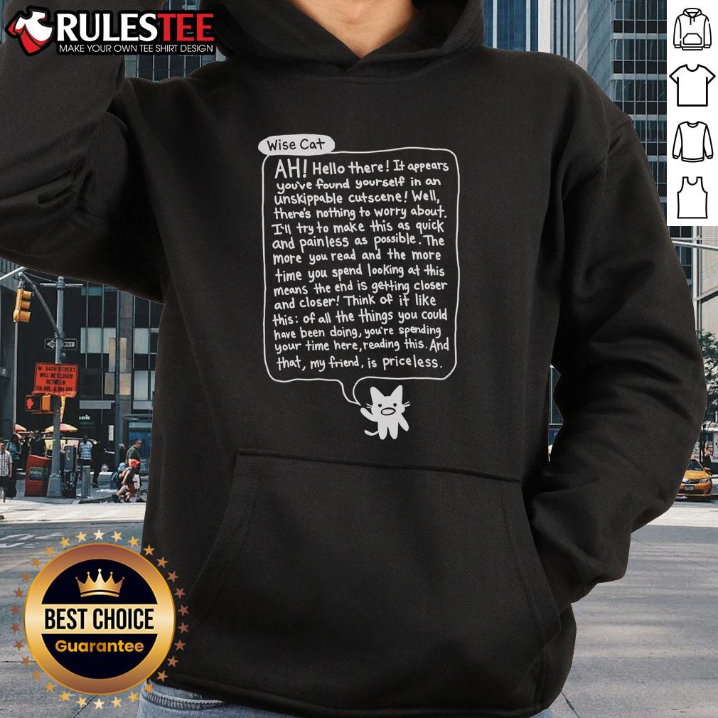 Alt Text: Awesome Bandage Brigade Unskippable Cutscene Wise Cat Hoodie featuring vibrant design and cozy fit for gamers.