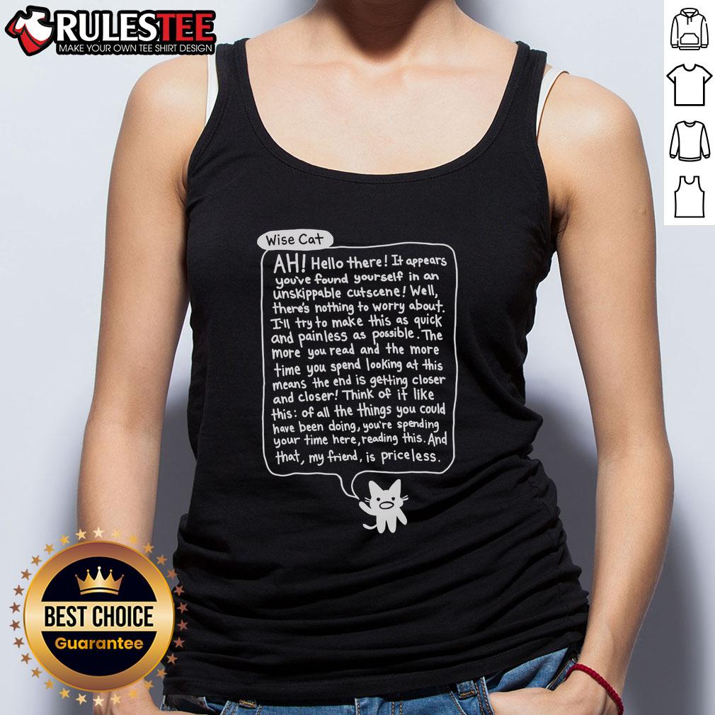 Awesome Bandage Brigade Unskippable Cutscene Wise Cat Tank Top featuring a playful cat design in vibrant colors.