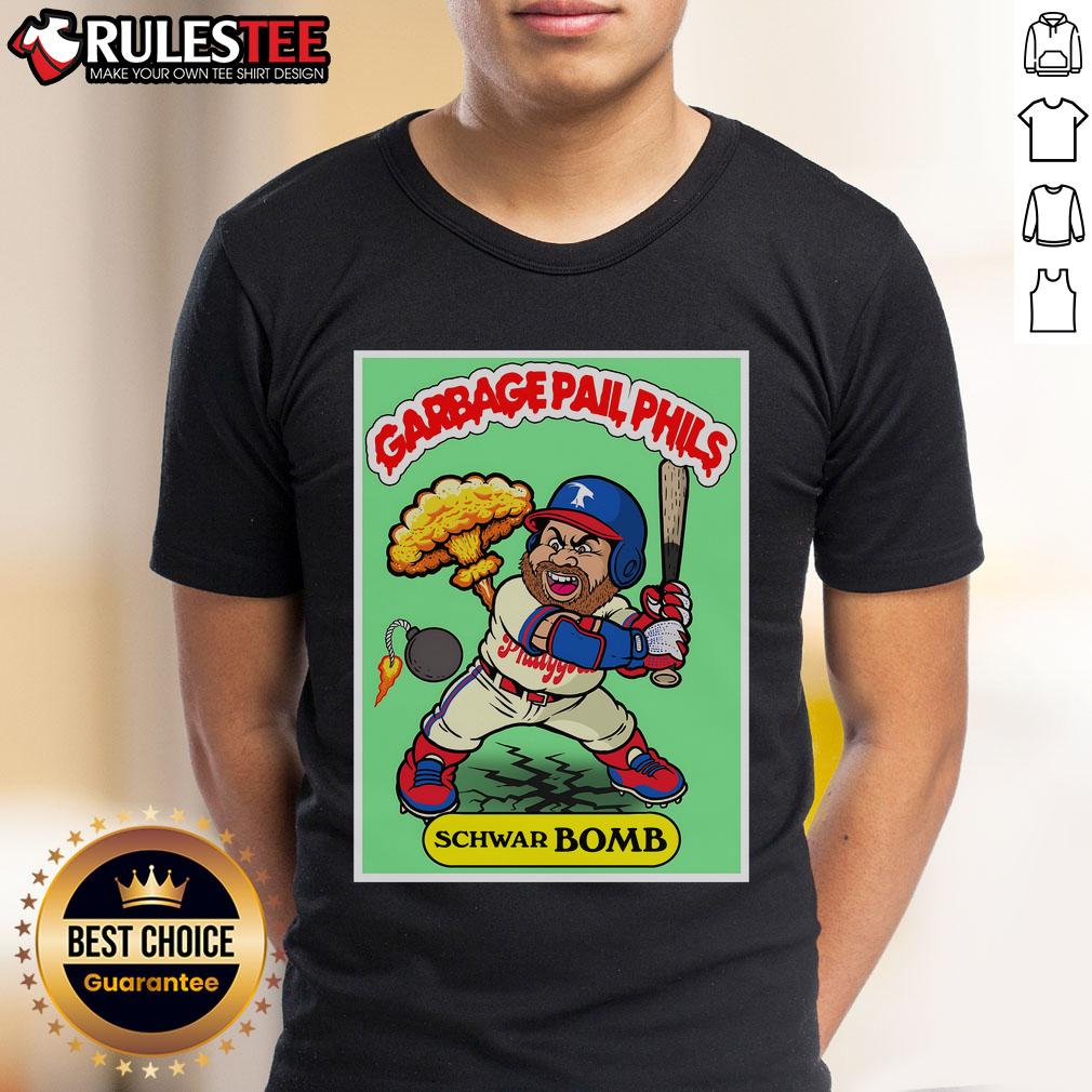 Awesome Kyle Schwarber Schwar-Bomb Garbage Pail Phils T-Shirt featuring a graphic design for Philadelphia baseball fans.