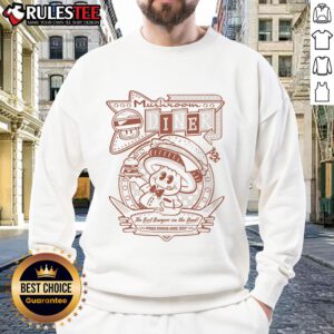 Alt Text: Awesome Mushroom Diner sweatshirt featuring best burgers on the road, world-famous since 1996.