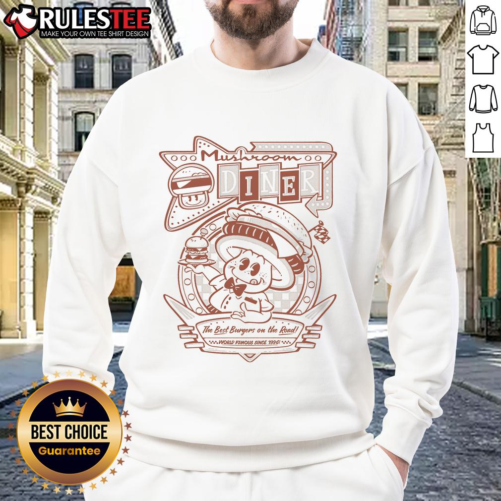 Alt Text: Awesome Mushroom Diner sweatshirt featuring best burgers on the road, world-famous since 1996.