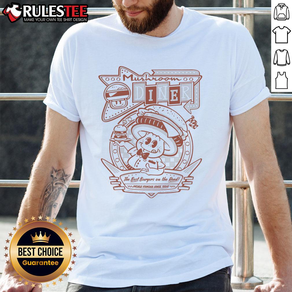 Awesome Mushroom Diner T-Shirt featuring world-famous burgers since 1996, perfect for burger lovers on the road.