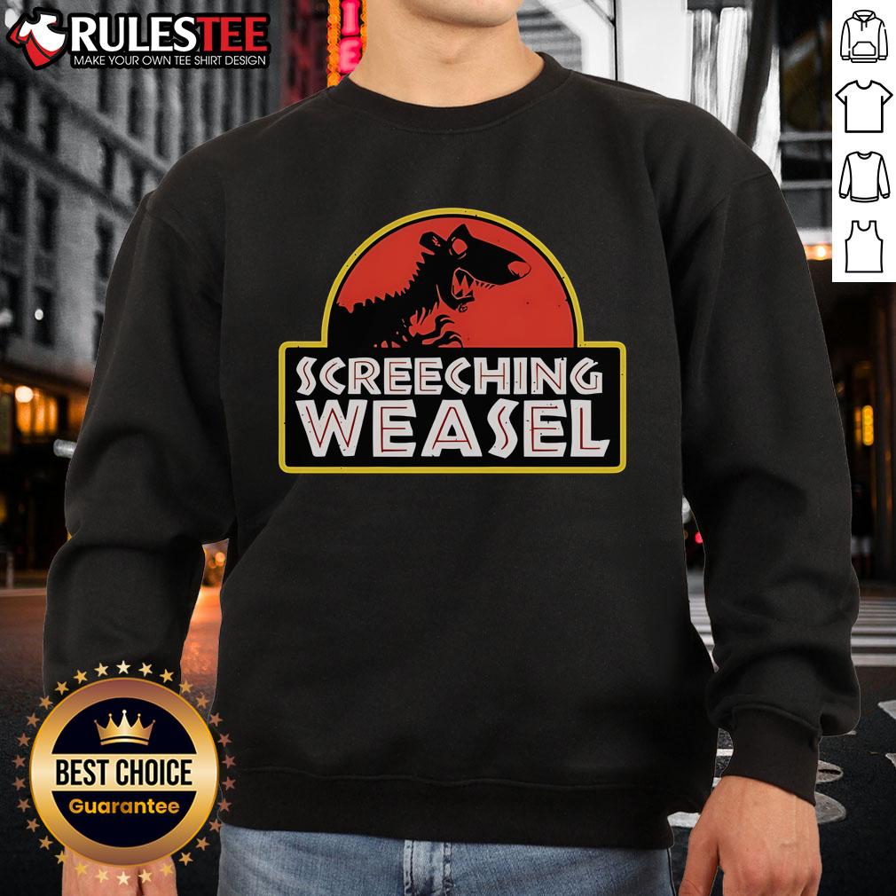 Alt Text: Awesome Screeching Weasel X Jurassic Park sweatshirt featuring bold graphics and vibrant colors for fans of both brands.