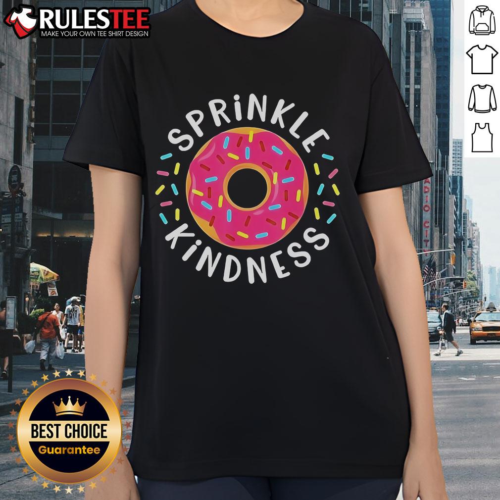 Awesome Sprinkle Kindness Donut Ladies Tee featuring vibrant donut graphics and a positive message for casual wear.
