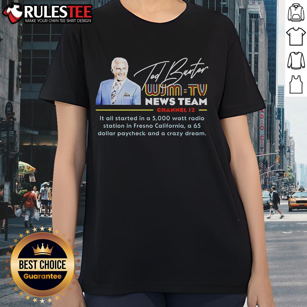 Alt Text: Awesome Ted Baxter WJM TV News ladies tee featuring a vintage design inspired by classic news broadcasts.
