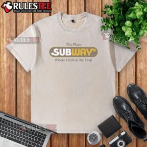 Vintage washed t-shirt featuring 'Awesome-The-Place-Subway-Food-Where-Fresh-Is-The-Taste' graphic design.