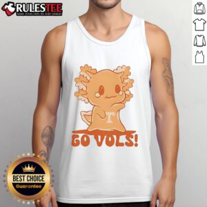 Alt Text: Cute axolotl graphic on a Go Vol Tennessee tank top, perfect for fans and summer wear.