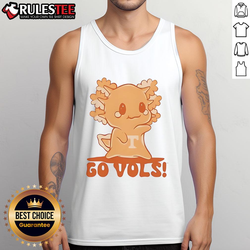 Alt Text: Cute axolotl graphic on a Go Vol Tennessee tank top, perfect for fans and summer wear.