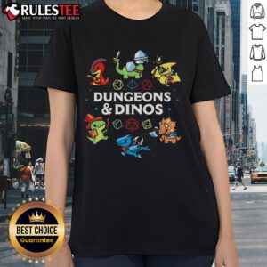 Alt Text: Cute Dungeons and Dinos ladies tee featuring playful dinosaur graphics and a stylish design for gamers.