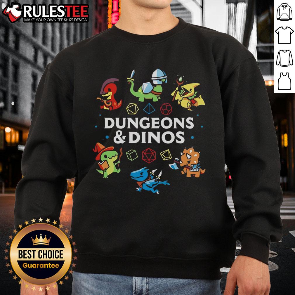 Cute Dungeons and Dinos sweatshirt featuring vibrant graphics of dinosaurs and dungeon elements on a cozy fabric.