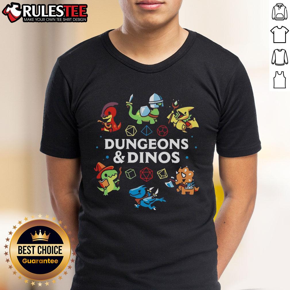 Alt Text: Cute Dungeons and Dinos T-Shirt featuring colorful dinosaur graphics and playful dungeon-themed designs.