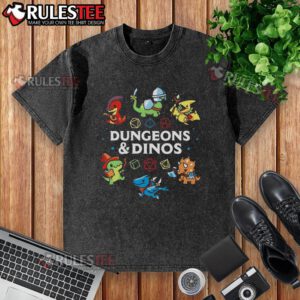 Cute Dungeons and Dinos washed t-shirt featuring vibrant graphics of dinosaurs and fantasy elements.