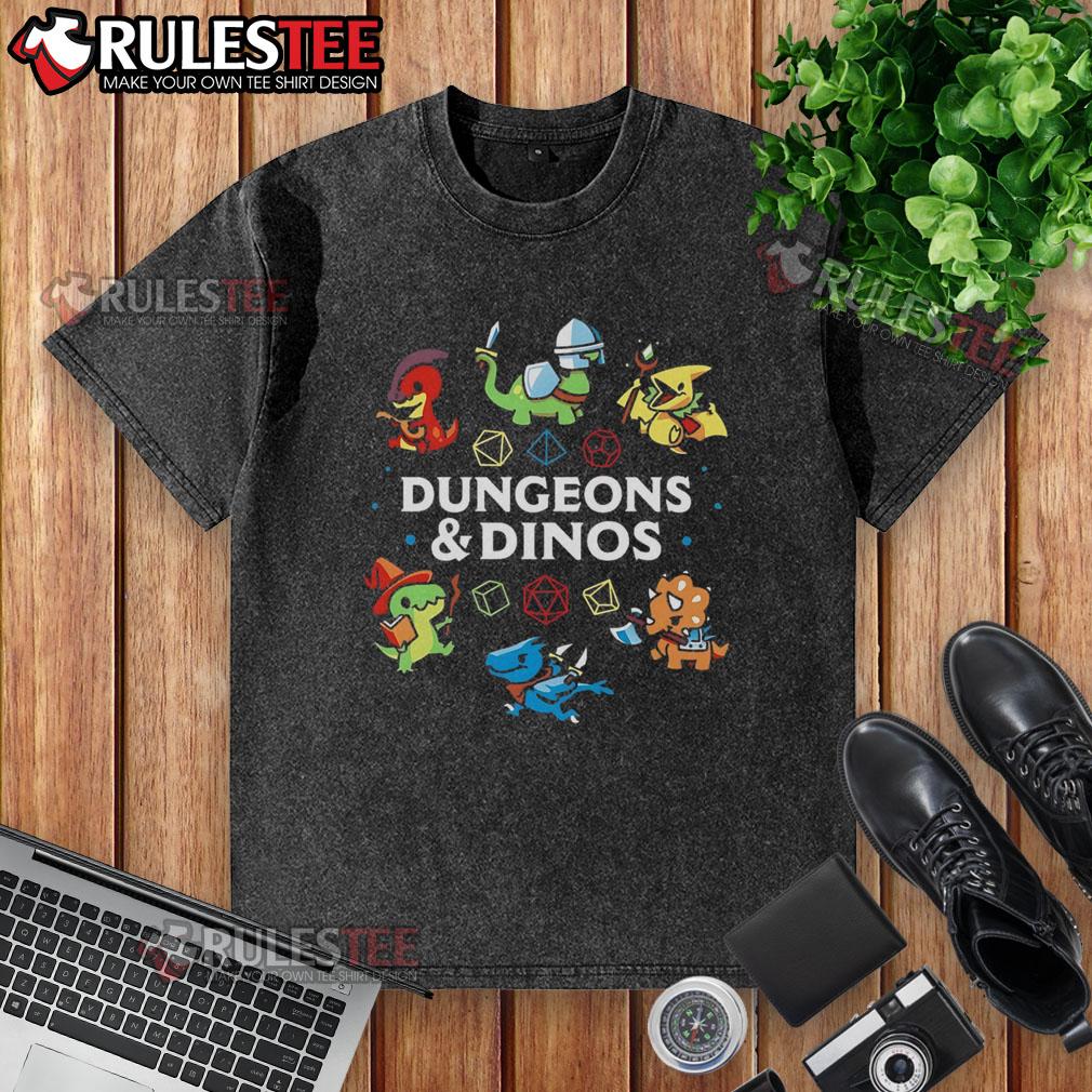 Cute Dungeons and Dinos washed t-shirt featuring vibrant graphics of dinosaurs and fantasy elements.