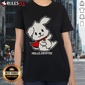 Cute Hello Krypto the Superdog Ladies Tee featuring vibrant graphics of Krypto in a stylish women's shirt design.