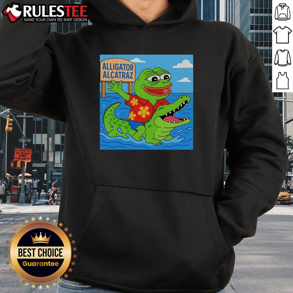 Alt Text: Cute Pepe the Frog alligator Alcatraz hoodie featuring vibrant colors and a playful design perfect for fans.