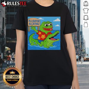 Cute Pepe the Frog Alligator Alcatraz ladies tee featuring a playful design, perfect for casual wear and fans.