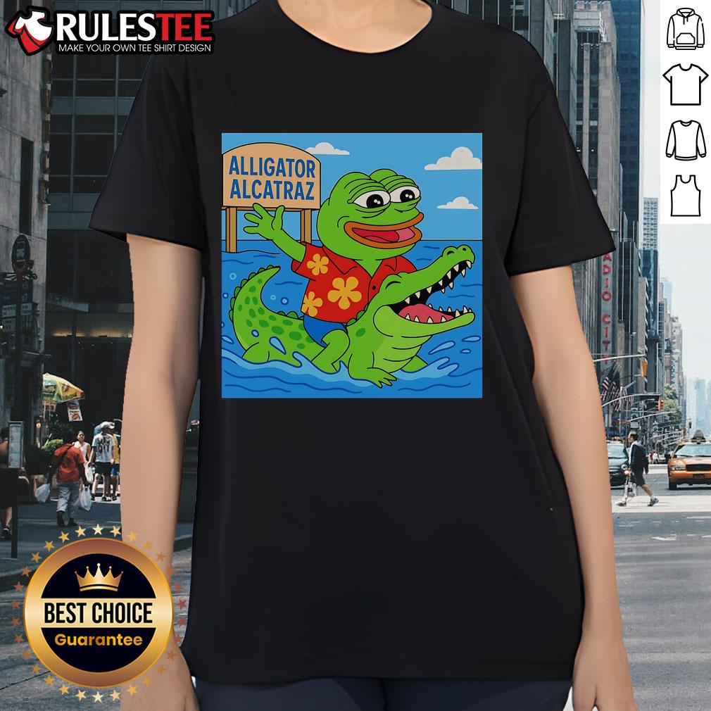 Cute Pepe the Frog Alligator Alcatraz ladies tee featuring a playful design, perfect for casual wear and fans.