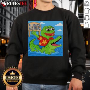 Alt Text: Cute Pepe the Frog Alligator Alcatraz sweatshirt featuring vibrant graphics and a playful design ideal for casual wear.