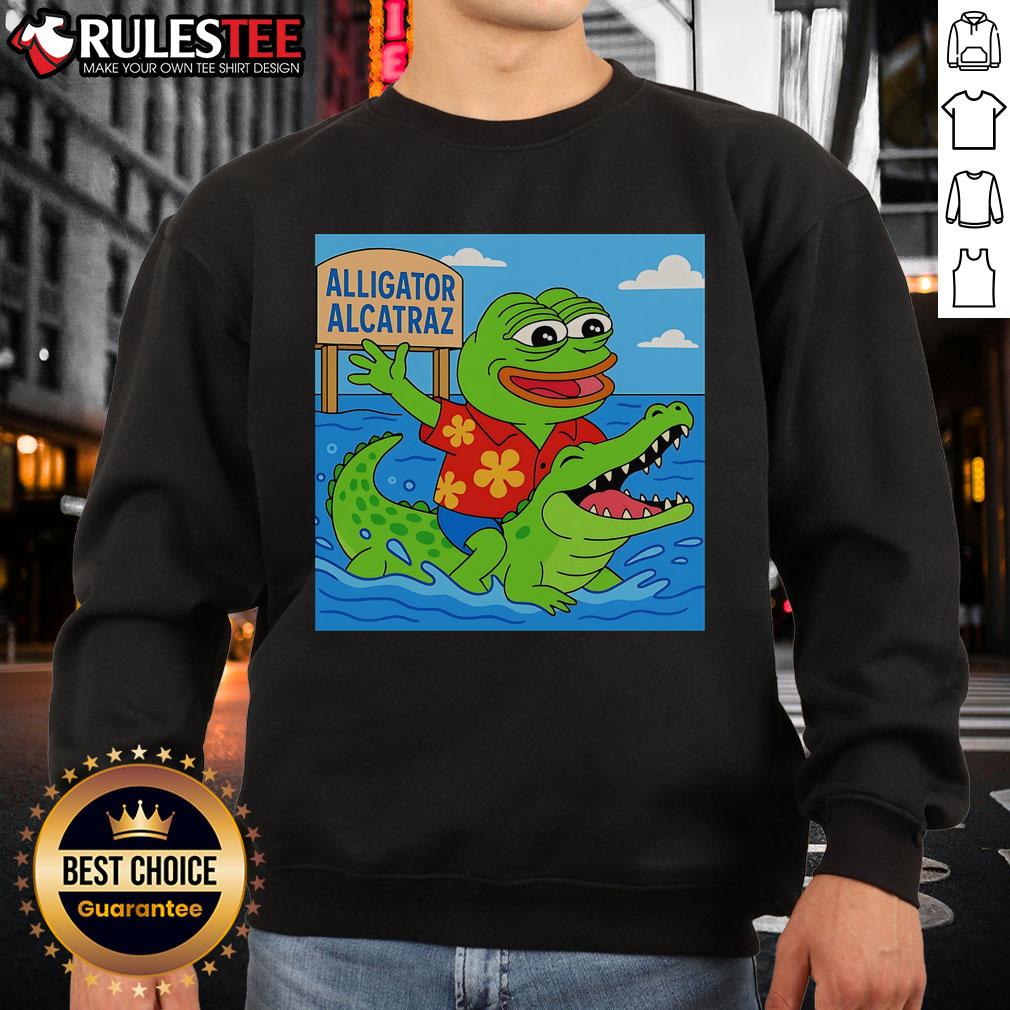Alt Text: Cute Pepe the Frog Alligator Alcatraz sweatshirt featuring vibrant graphics and a playful design ideal for casual wear.