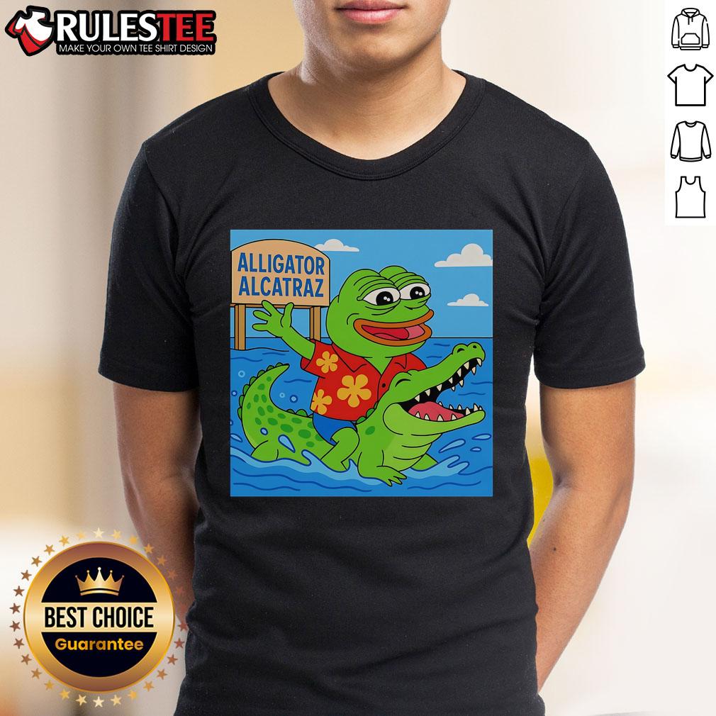 Adorable Pepe the Frog alligator graphic on a stylish Alcatraz T-shirt, perfect for casual wear and meme lovers.