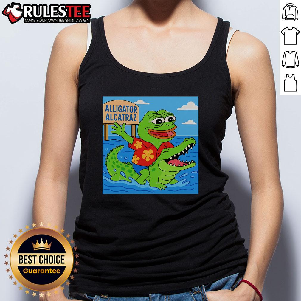 Alt Text: Cute Pepe the Frog alligator graphic on an Alcatraz tank top, perfect for casual summer wear.