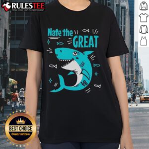 Cute shark graphic on Nate The Great ladies tee, perfect for fun summer outfits and ocean lovers.