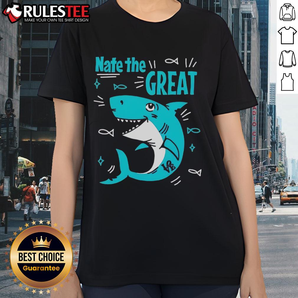 Cute shark graphic on Nate The Great ladies tee, perfect for fun summer outfits and ocean lovers.
