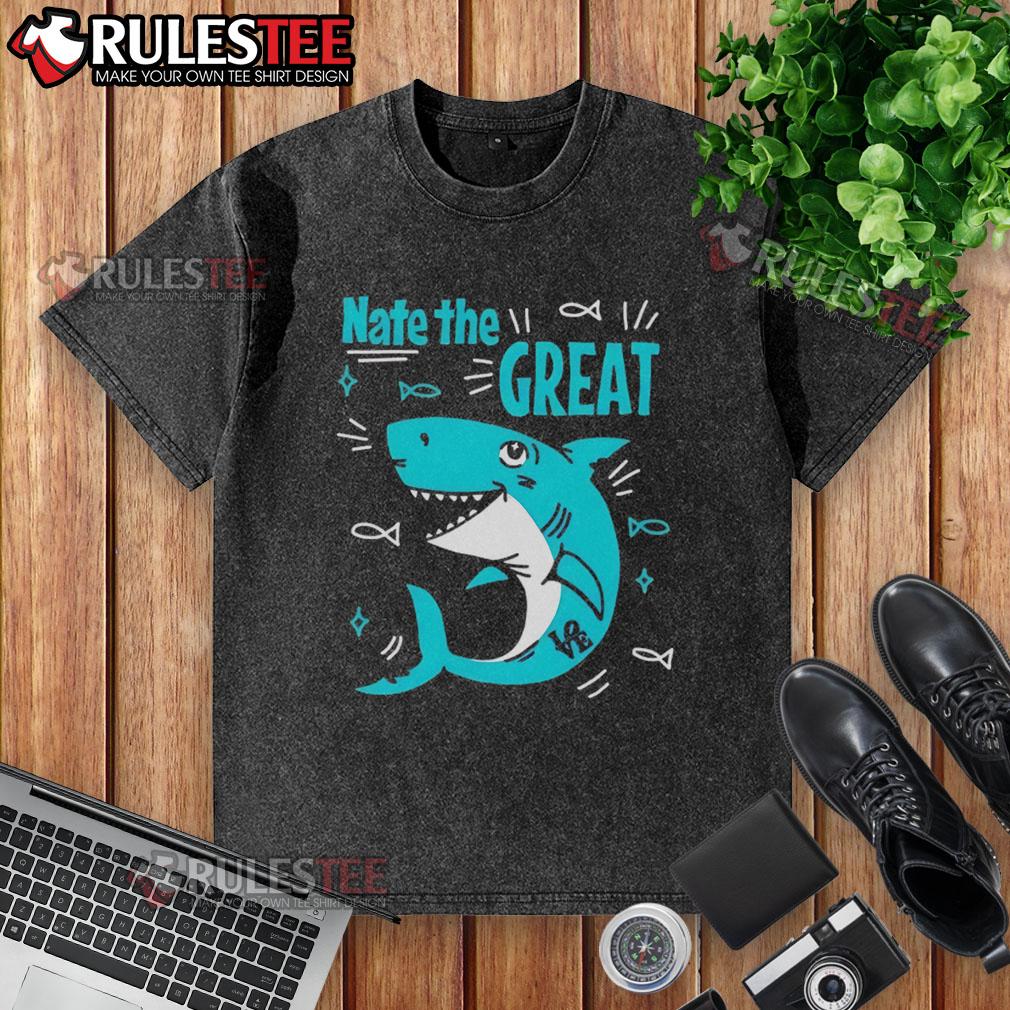 Alt Text: Cute Shark Nate The Great washed t-shirt featuring a playful shark design, perfect for kids' casual wear.