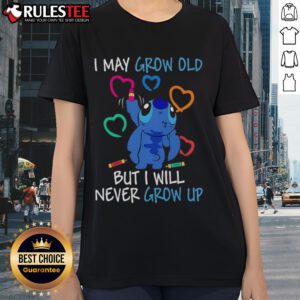 Cute Stitch 'I May Grow Old But I Will Never Grow Up' ladies tee featuring vibrant colors and playful design.