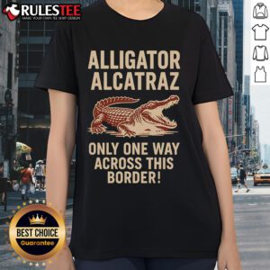 Funny alligator graphic on Alcatraz-themed ladies tee, perfect for unique casual wear and playful outfits.