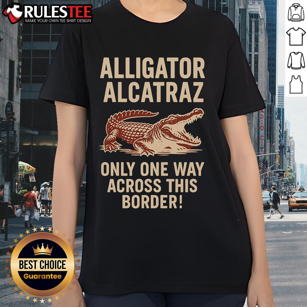 Funny alligator graphic on Alcatraz-themed ladies tee, perfect for unique casual wear and playful outfits.