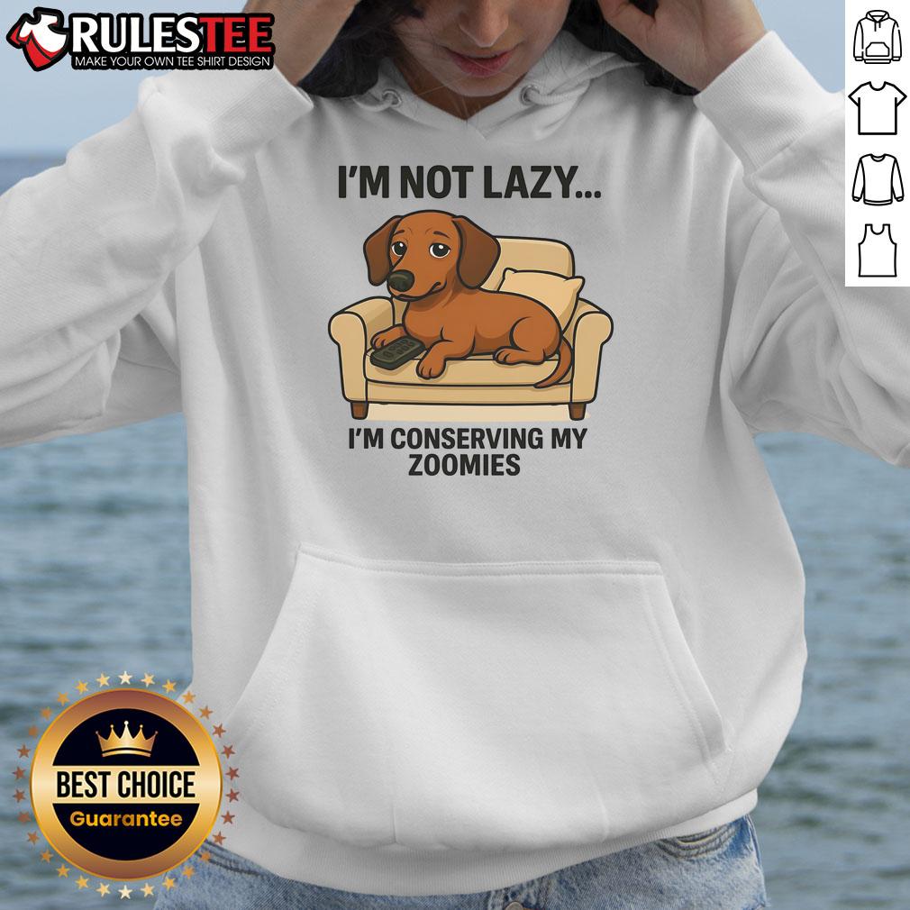 Funny dog wearing 'I'm Not Lazy, I'm Conserving My Zoomies' hoodie, showcasing a playful and relaxed attitude.