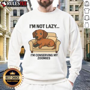 Alt Text: Funny dog in a cozy sweatshirt with the phrase I'm Not Lazy, I'm Conserving My Zoomies for pet lovers.