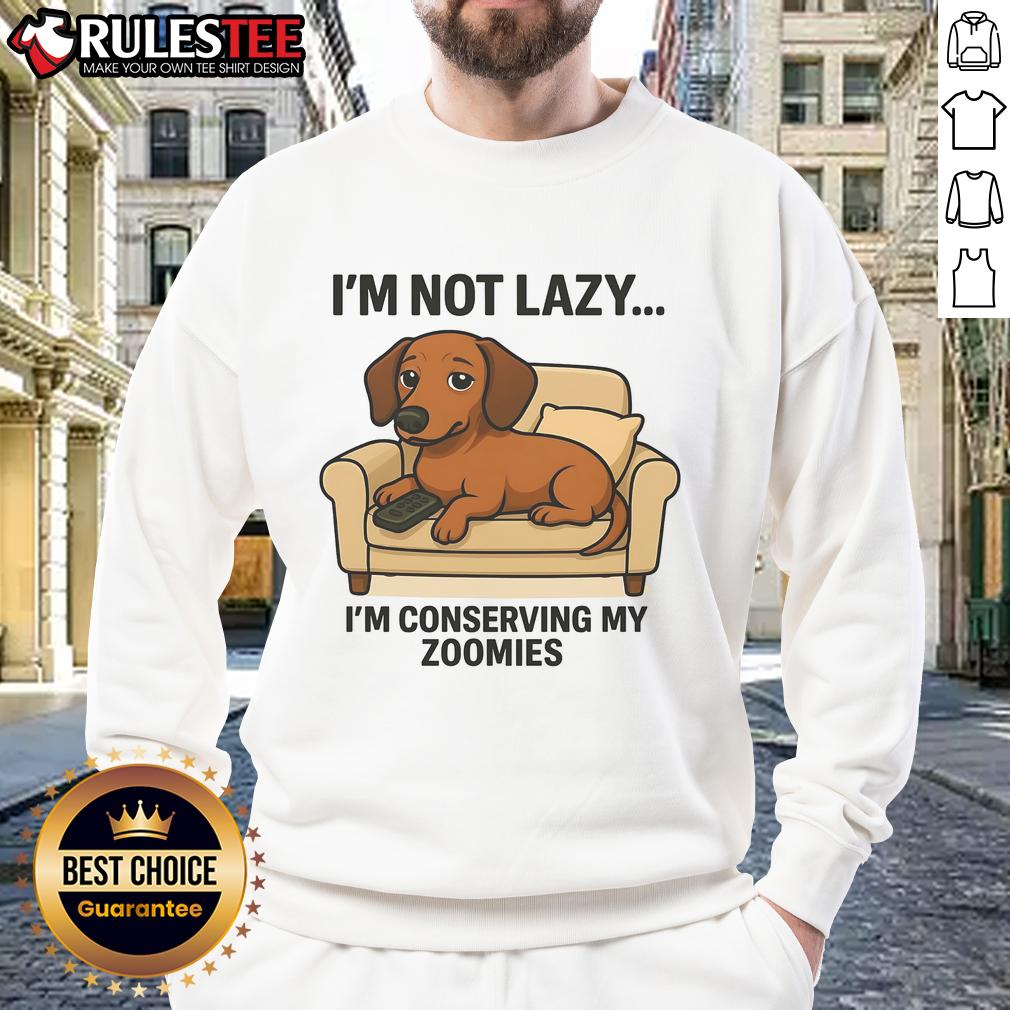 Alt Text: Funny dog in a cozy sweatshirt with the phrase I'm Not Lazy, I'm Conserving My Zoomies for pet lovers.