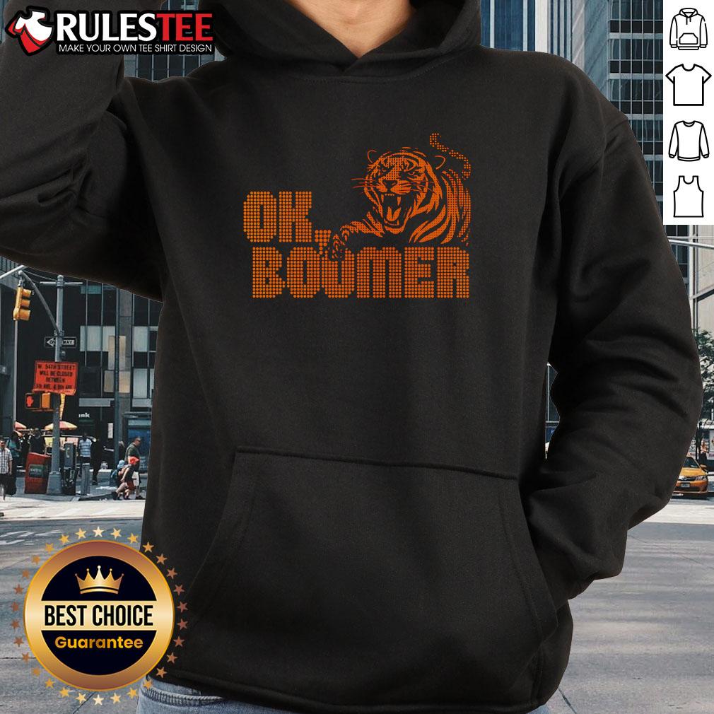 Alt Text: Funny OK Boomer Cincinnati Football Tiger Hoodie featuring a playful design for sports fans and millennials.
