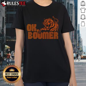 Alt Text: Funny OK Boomer Cincinnati Football Tiger Ladies Tee in vibrant colors, perfect for game day and casual wear.