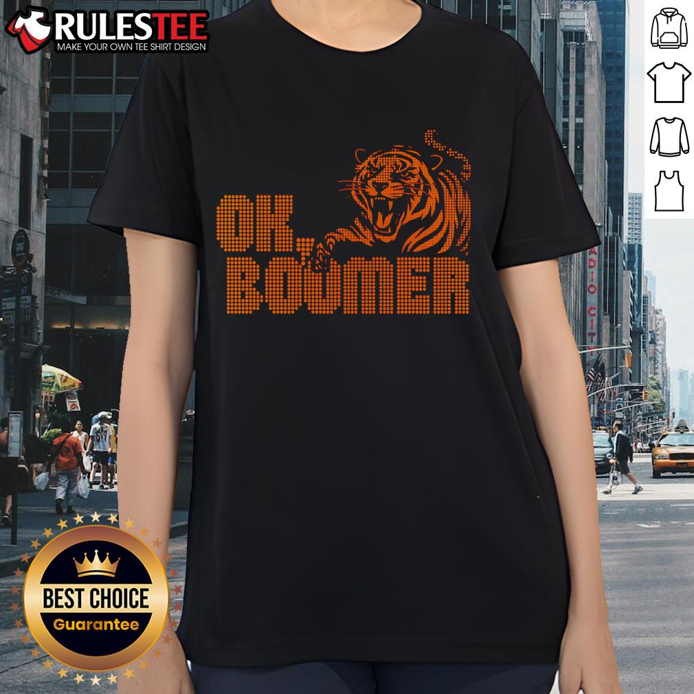 Alt Text: Funny OK Boomer Cincinnati Football Tiger Ladies Tee in vibrant colors, perfect for game day and casual wear.