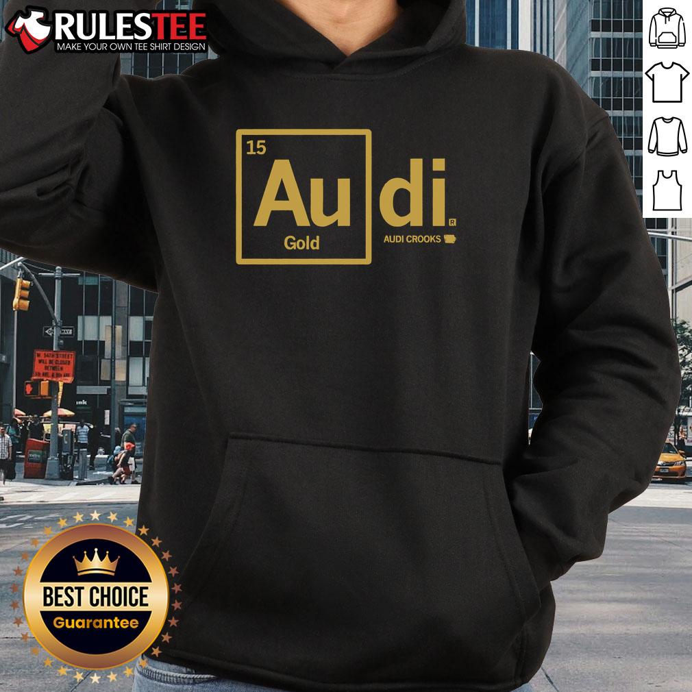 Good Audi Crooks Gold Hoodie displayed on a mannequin against a stylish urban backdrop, showcasing trendy streetwear.