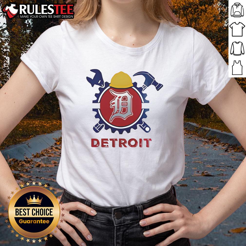 Alt Text: Happy Labor Day USA with a Good Detroit Tigers baseball ladies tee featuring team logo and patriotic colors.