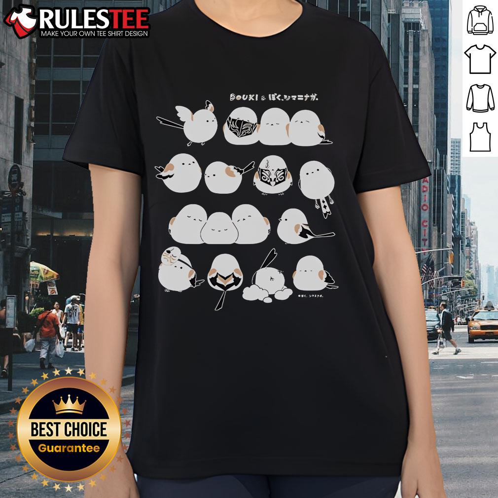 Alt Text: Good Douki I'm A Long-Tailed Tit Ladies Tee featuring a colorful bird design on a stylish women's shirt.