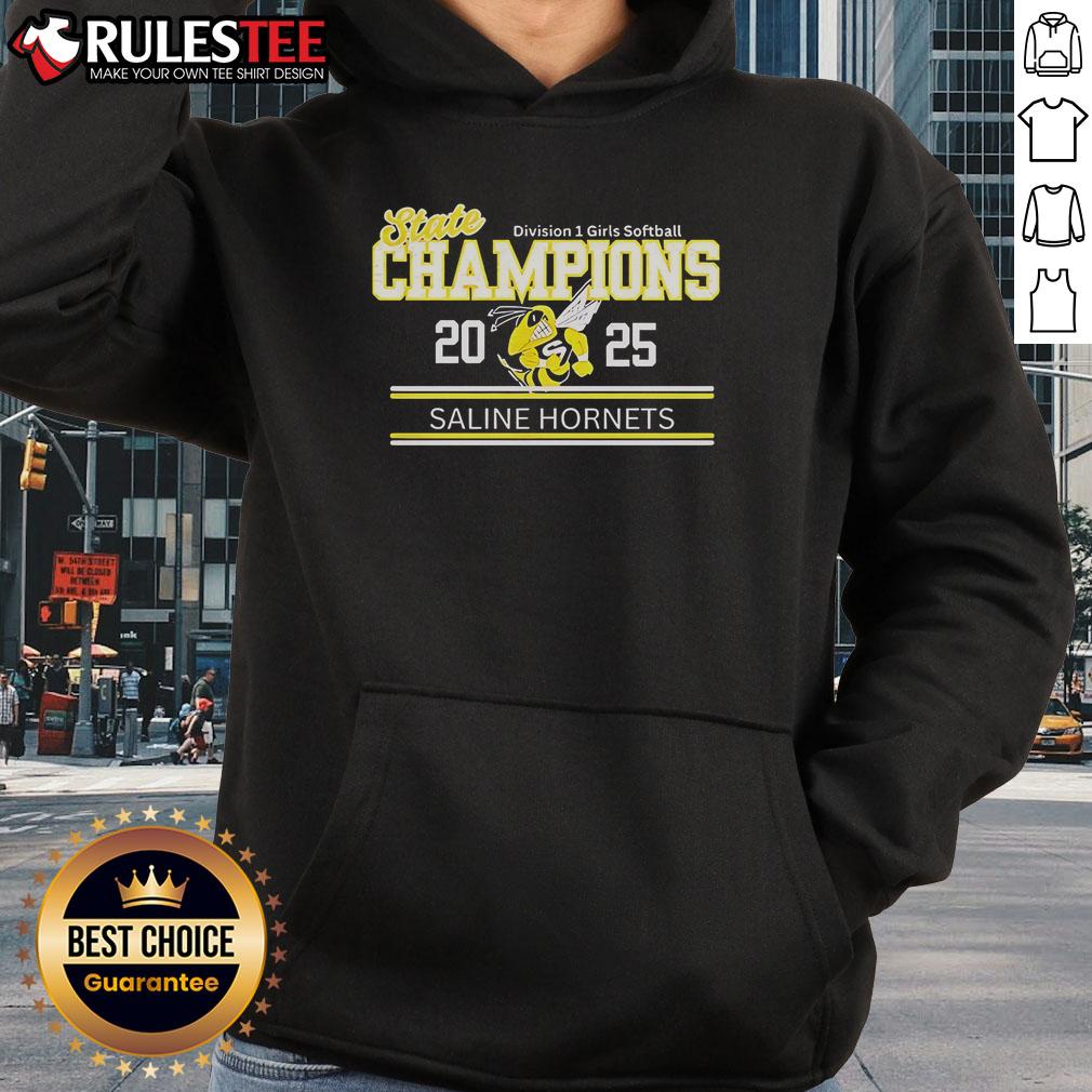 Good Saline Hornets State Champions 2025 Division 1 Girls Softball Hoodie in vibrant colors, celebrating team victory.
