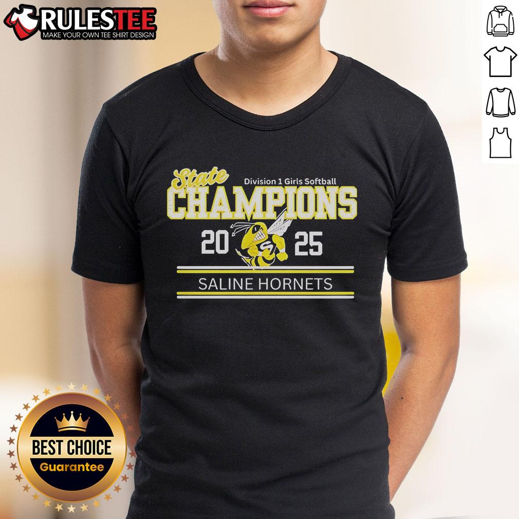Good Saline Hornets State Champions 2025 Division 1 Girls Softball T-Shirt featuring team logo and championship details.