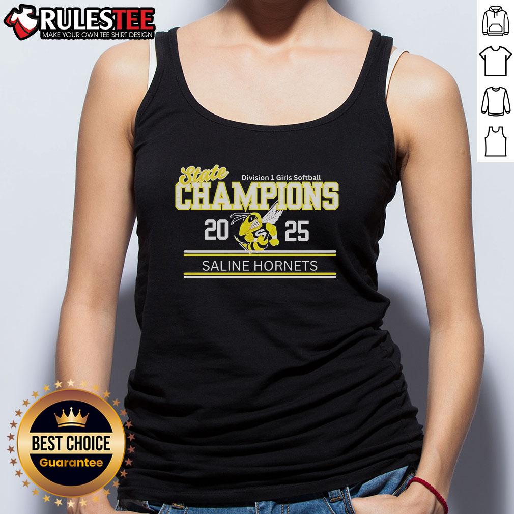 Good Saline Hornets State Champions 2025 Division 1 Girls Softball Tank Top featuring team logo and vibrant colors.