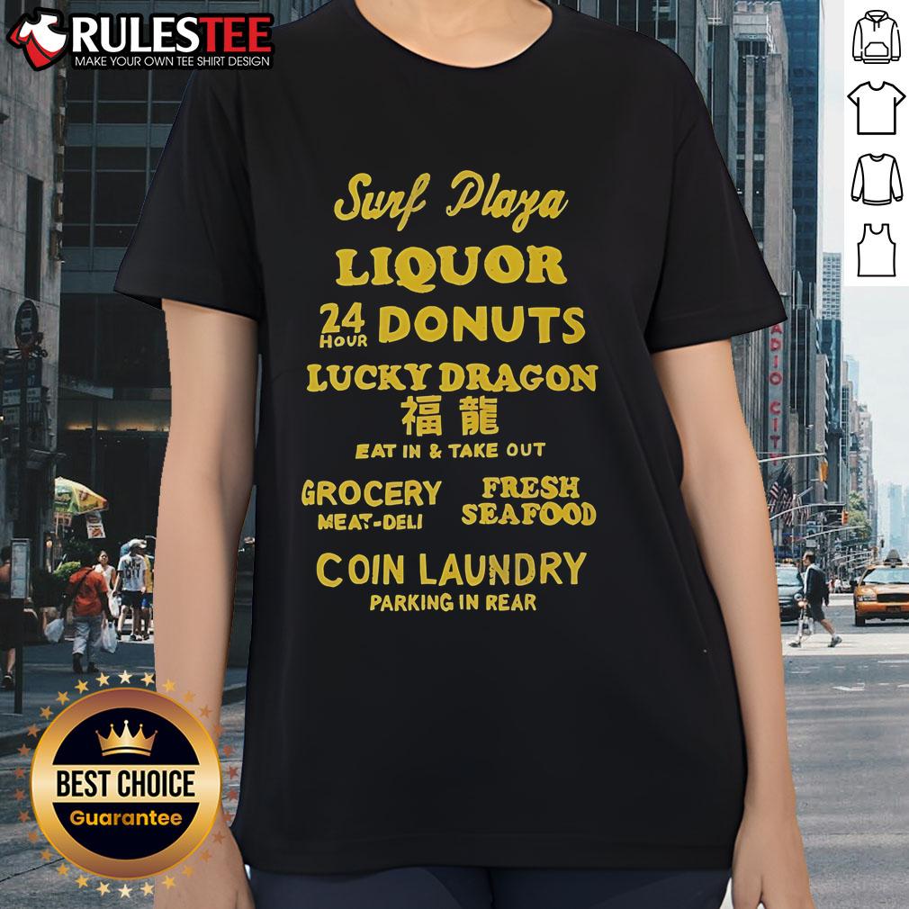 Good Surf Plaza offers liquor, donuts, and Lucky Dragon eat-in/take-out with rear parking and ladies' tee options.