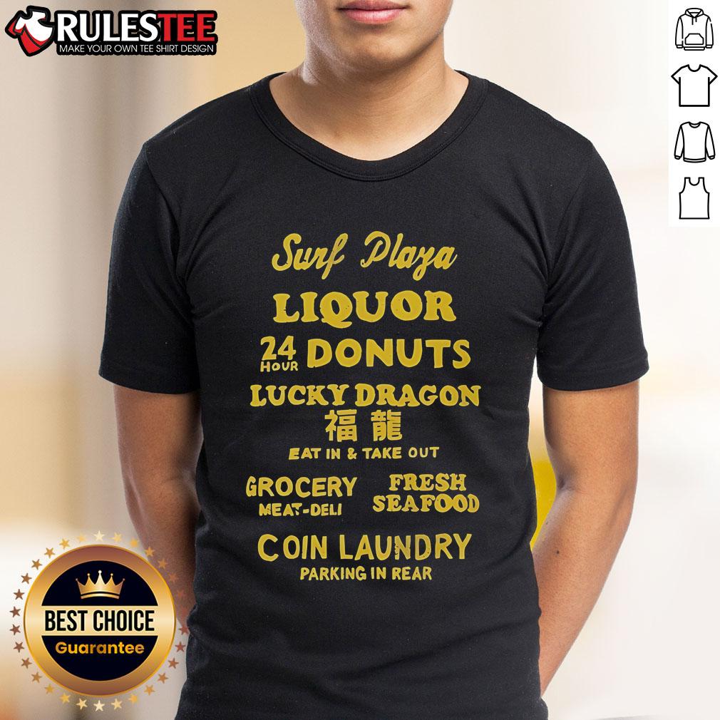 Good Surf Plaza Liquor and Donuts T-Shirt featuring Lucky Dragon, with eat-in and take-out options, plus rear parking.