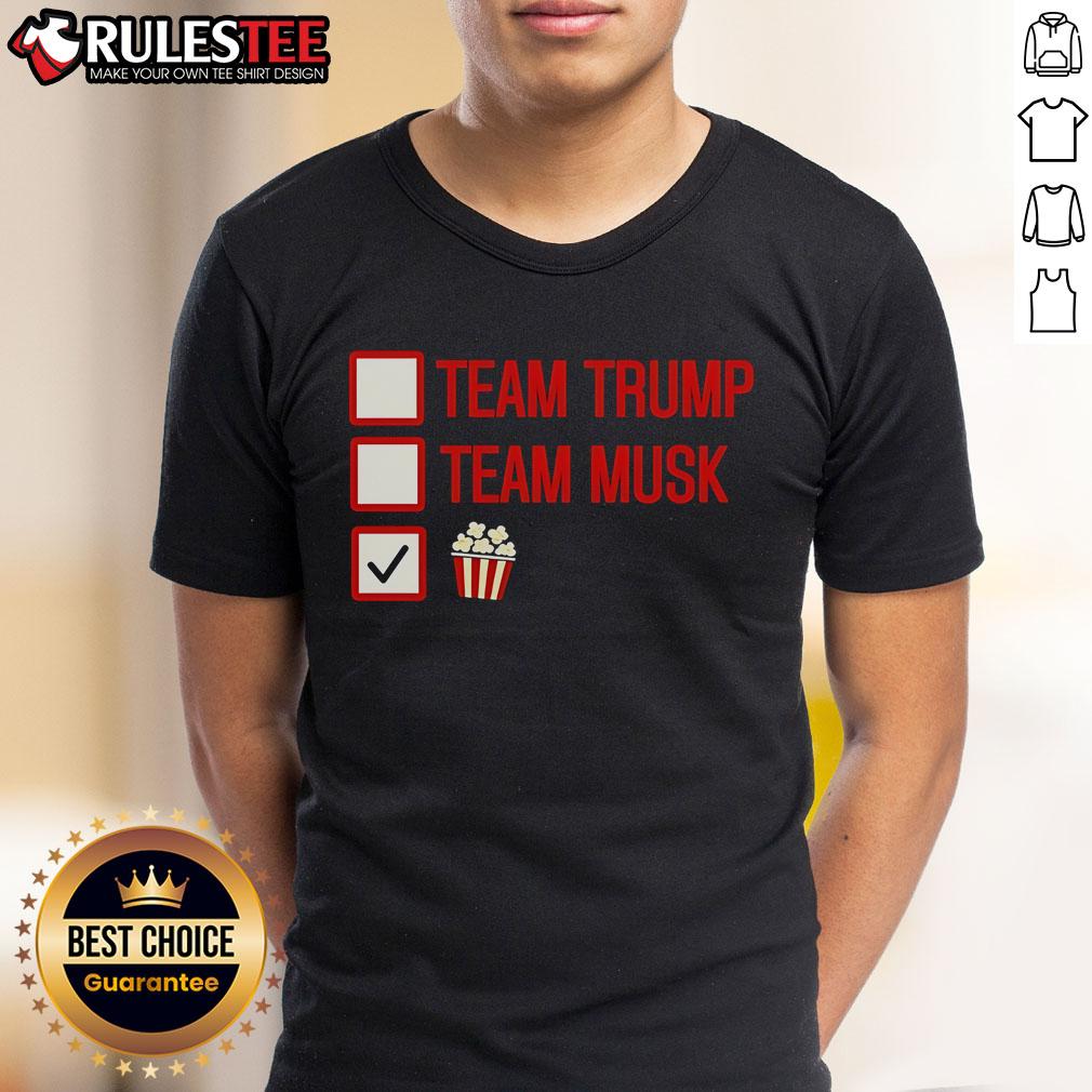 Good Team Trump Team Musk Team Popcorn T-Shirt featuring bold graphics and vibrant colors for fans of pop culture and politics.