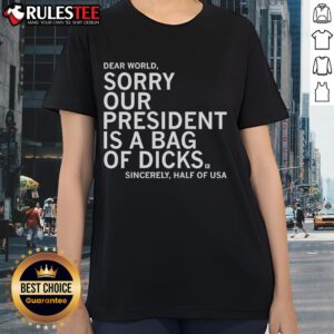 Nice Jamie Bonkiewicz wearing our 'President is a Bag of Dicks' ladies tee, showcasing a bold graphic design and casual style.